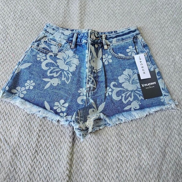 PLAYBOY Pants - Playboy Shorts Women's 26 PacSun Floral Denim Jean Cutoff (NWT)